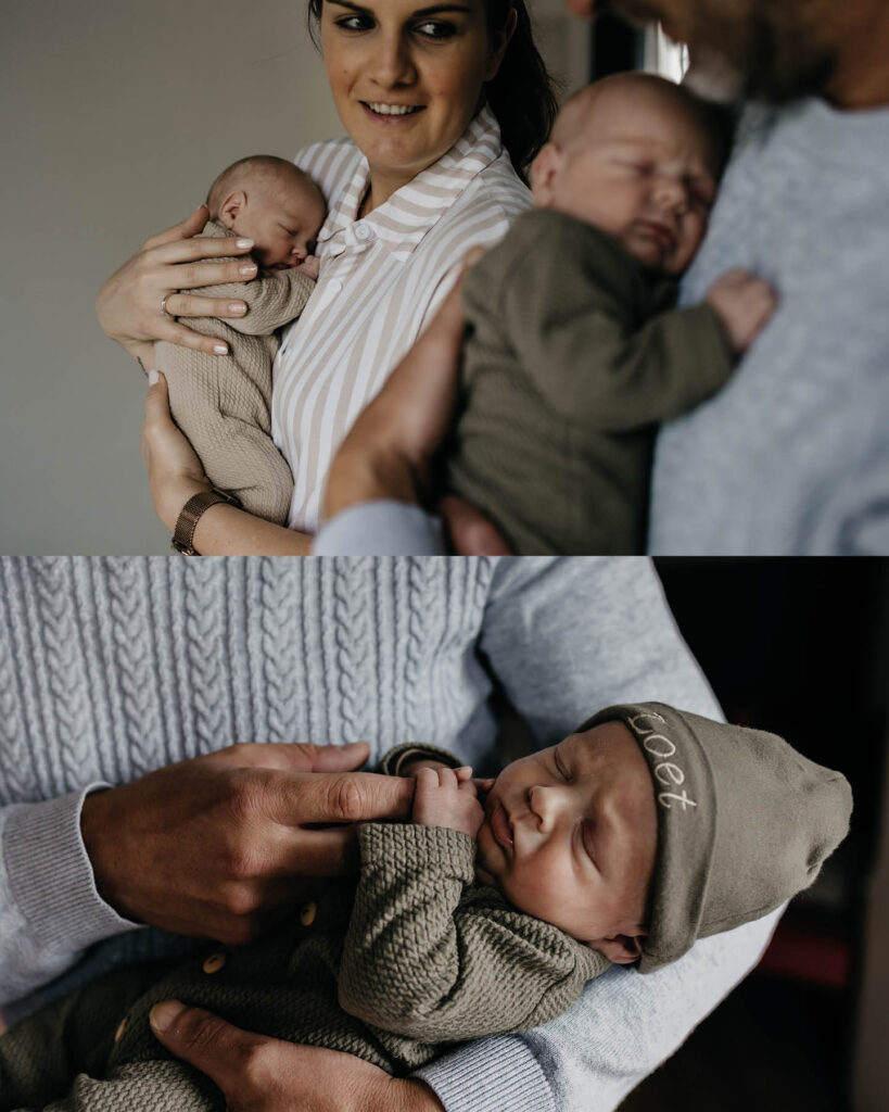 Ontroerende newborn fotografie van een pasgeboren tweeling door Evelien Thijssen. Puur, liefdevol en tijdloos vastgelegd in een warme lifestyle setting.