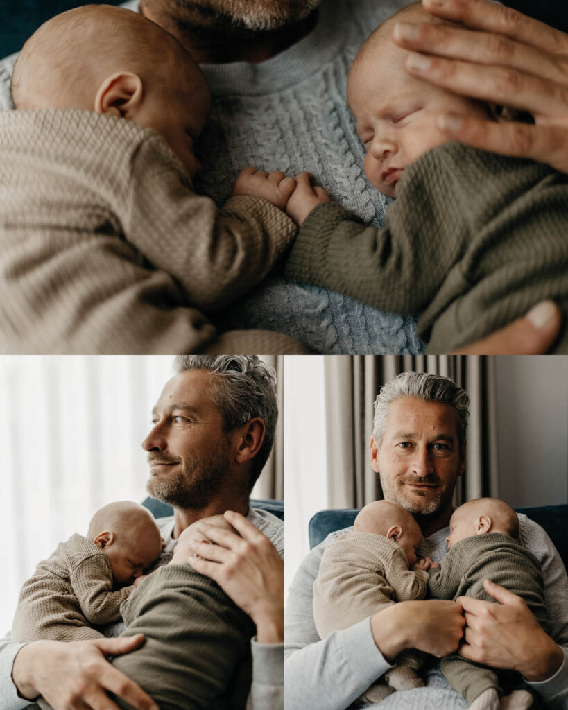 Ontroerende newborn fotografie van een pasgeboren tweeling door Evelien Thijssen. Puur, liefdevol en tijdloos vastgelegd in een warme lifestyle setting.