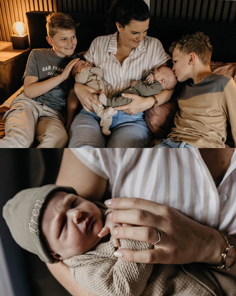 Ontroerende newborn fotografie van een pasgeboren tweeling door Evelien Thijssen. Puur, liefdevol en tijdloos vastgelegd in een warme lifestyle setting.