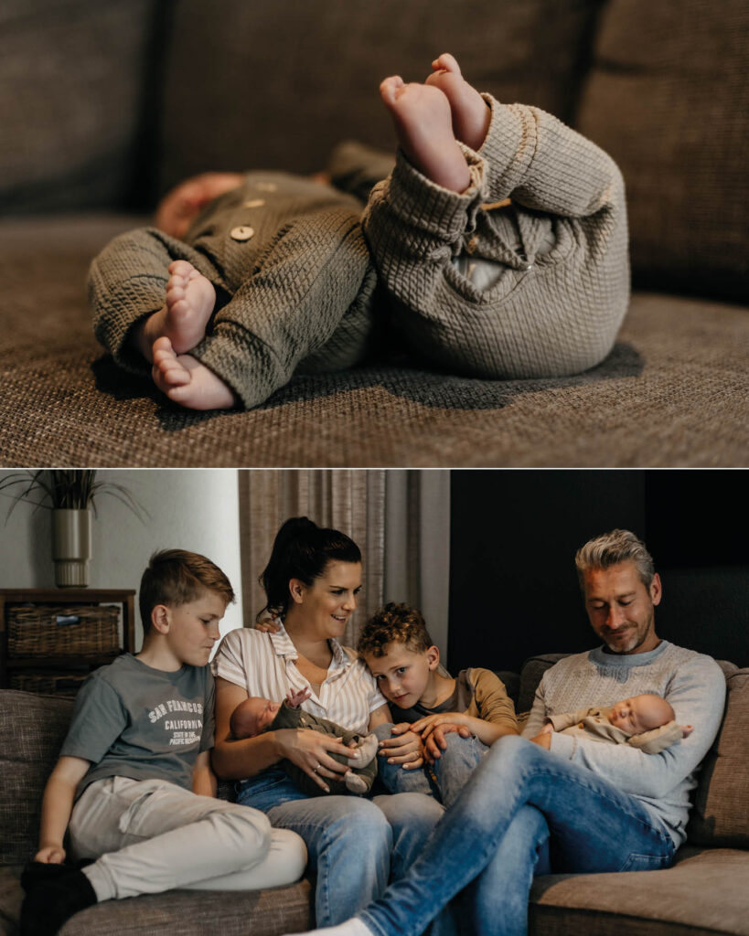 Ontroerende newborn fotografie van een pasgeboren tweeling door Evelien Thijssen. Puur, liefdevol en tijdloos vastgelegd in een warme lifestyle setting.