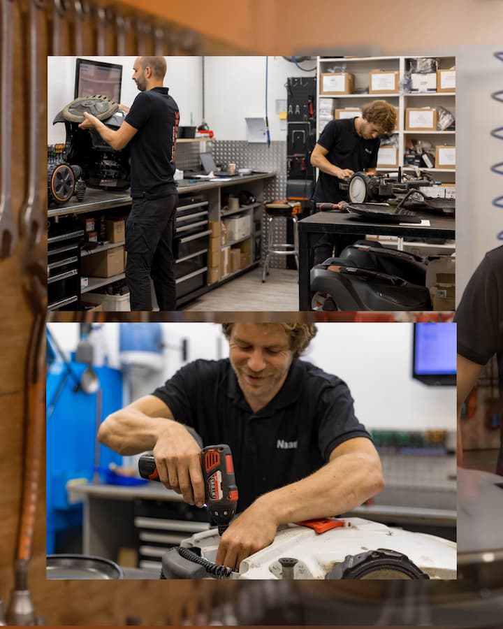 edrijfsfotografie van Van Den Berk Tuinmachines met teamfoto in de winkel.