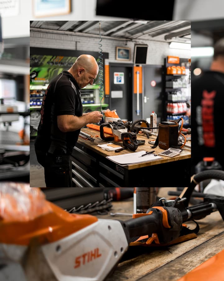edrijfsfotografie van Van Den Berk Tuinmachines met teamfoto in de winkel.