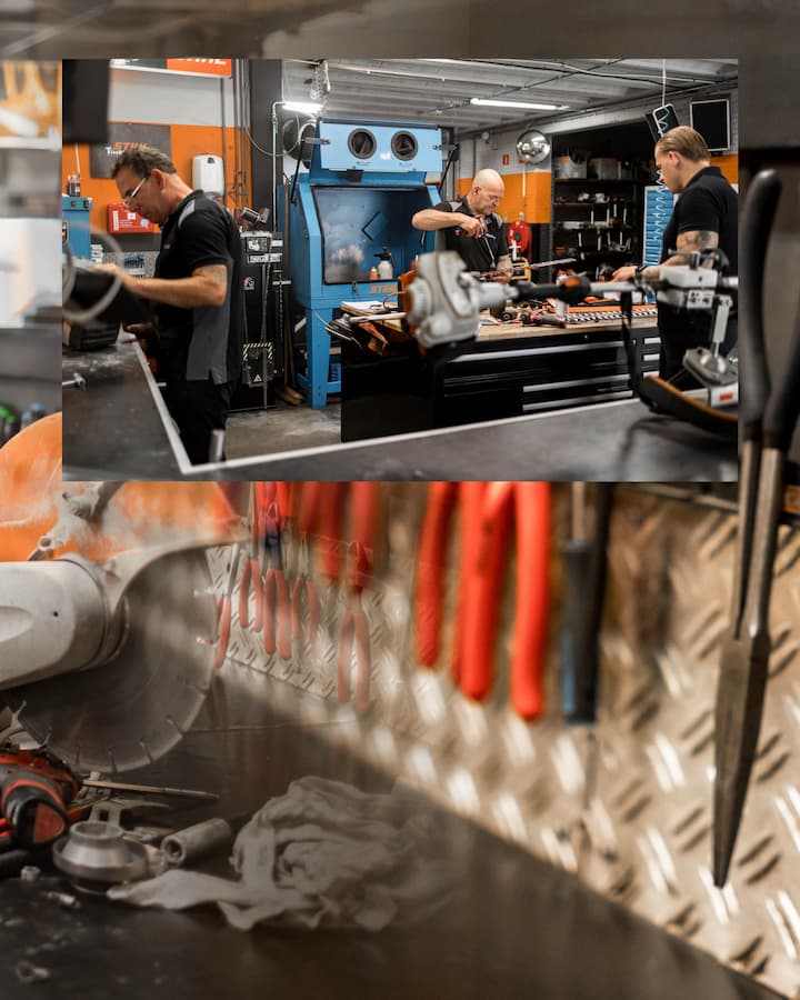 edrijfsfotografie van Van Den Berk Tuinmachines met teamfoto in de winkel.