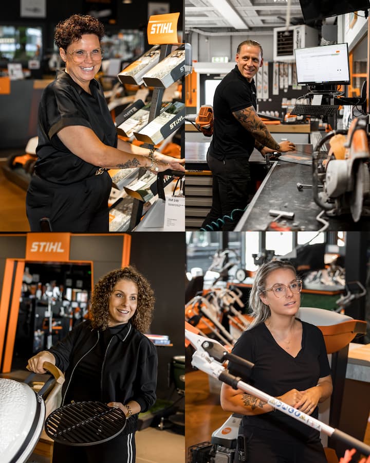 edrijfsfotografie van Van Den Berk Tuinmachines met teamfoto in de winkel.